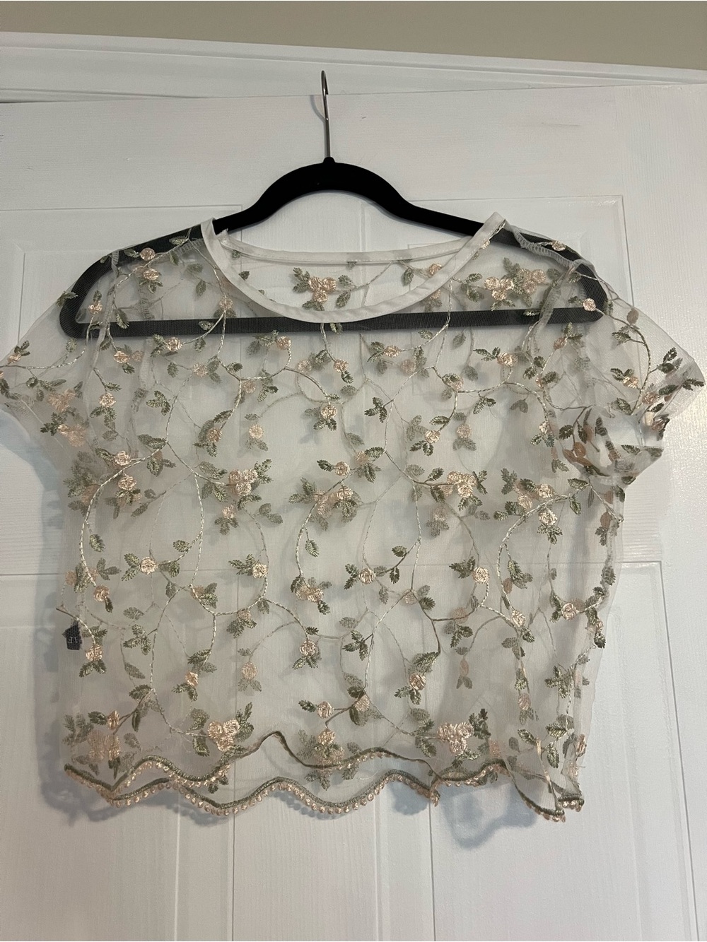 Embroidered Sheer Floral Crop Top - White with Gold & Green Accents